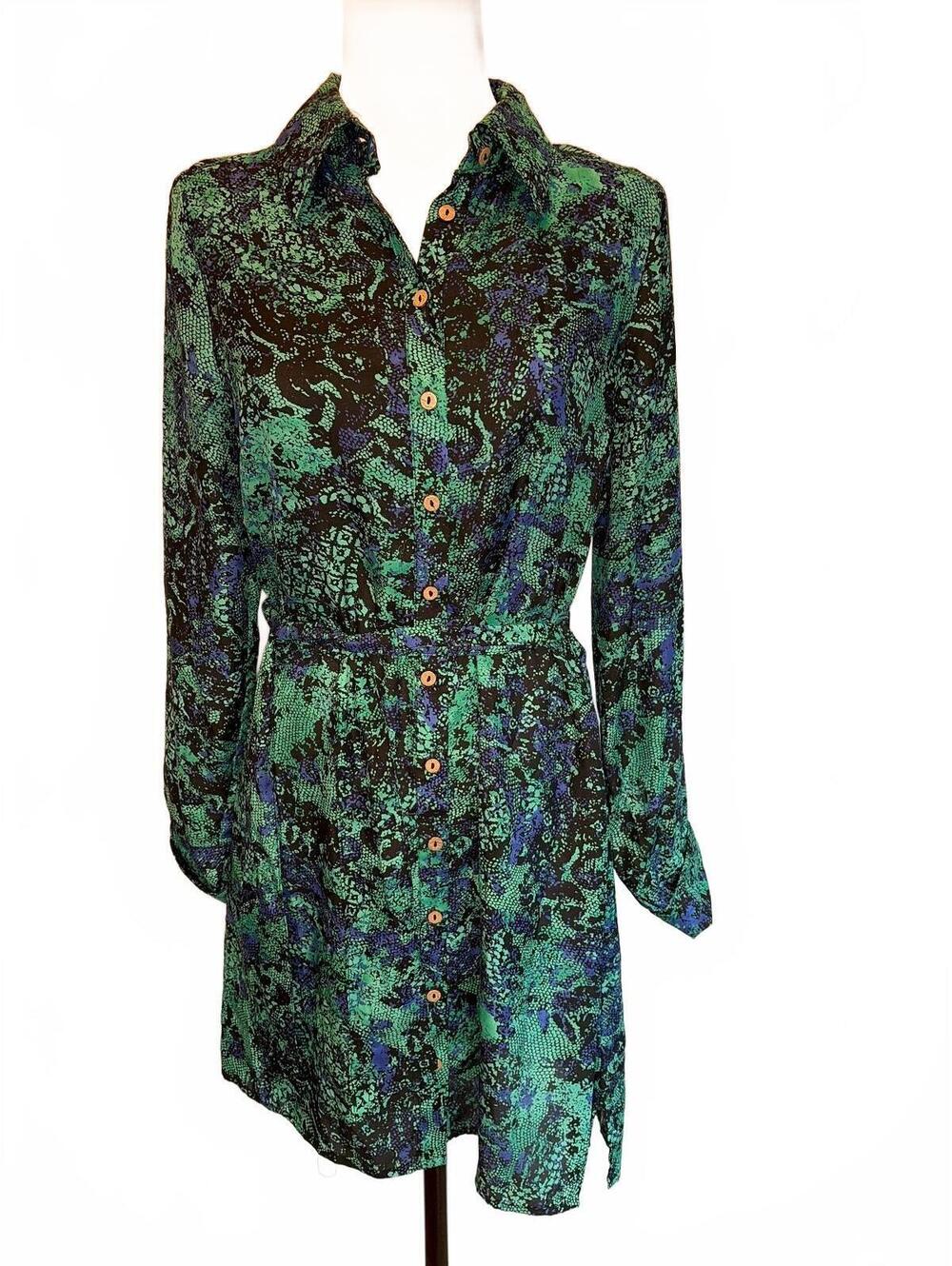 BCBGMAXAZRIA M Green Blue Snakeskin Shirt Dress Y2K Whimsigoth Boho Grunge Indie